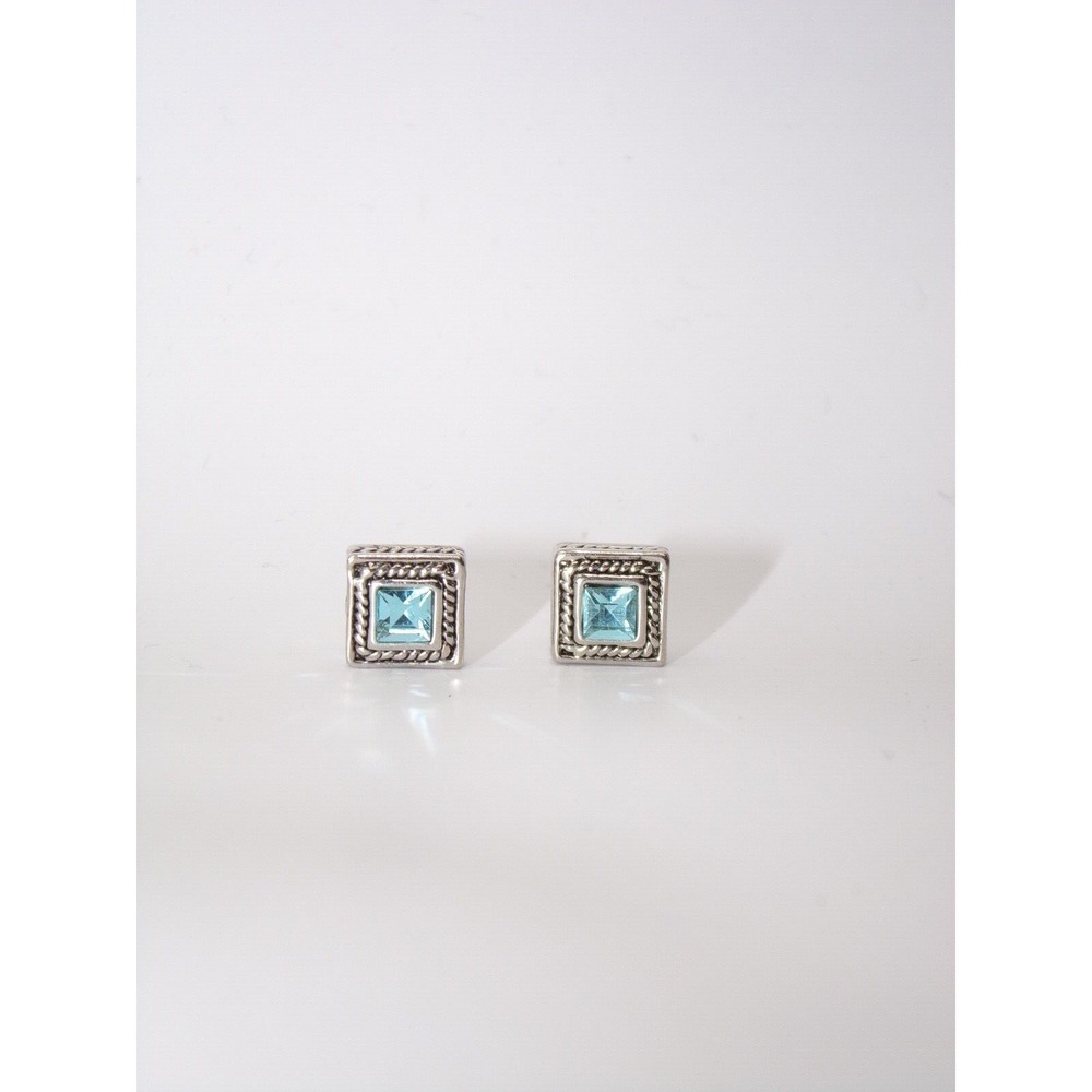 UNIQUE Chunky Silver Tone Sky Blue Crystal Square Earrings